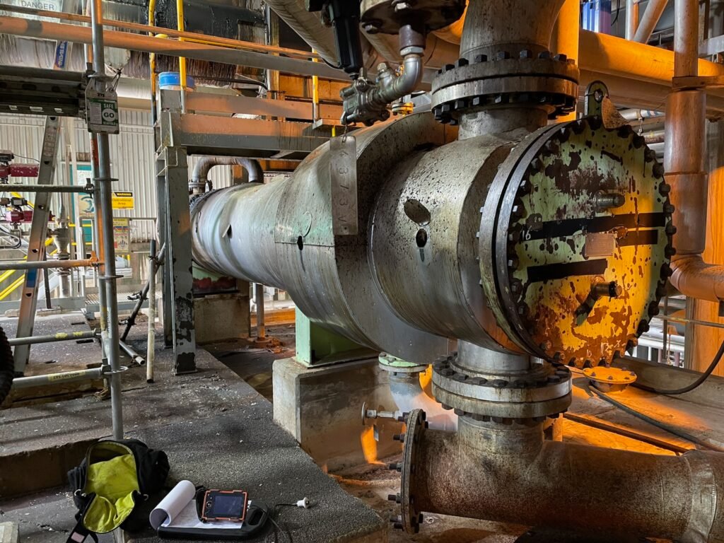 Insulation band removed to check for CUI at vessel support and lower shell.